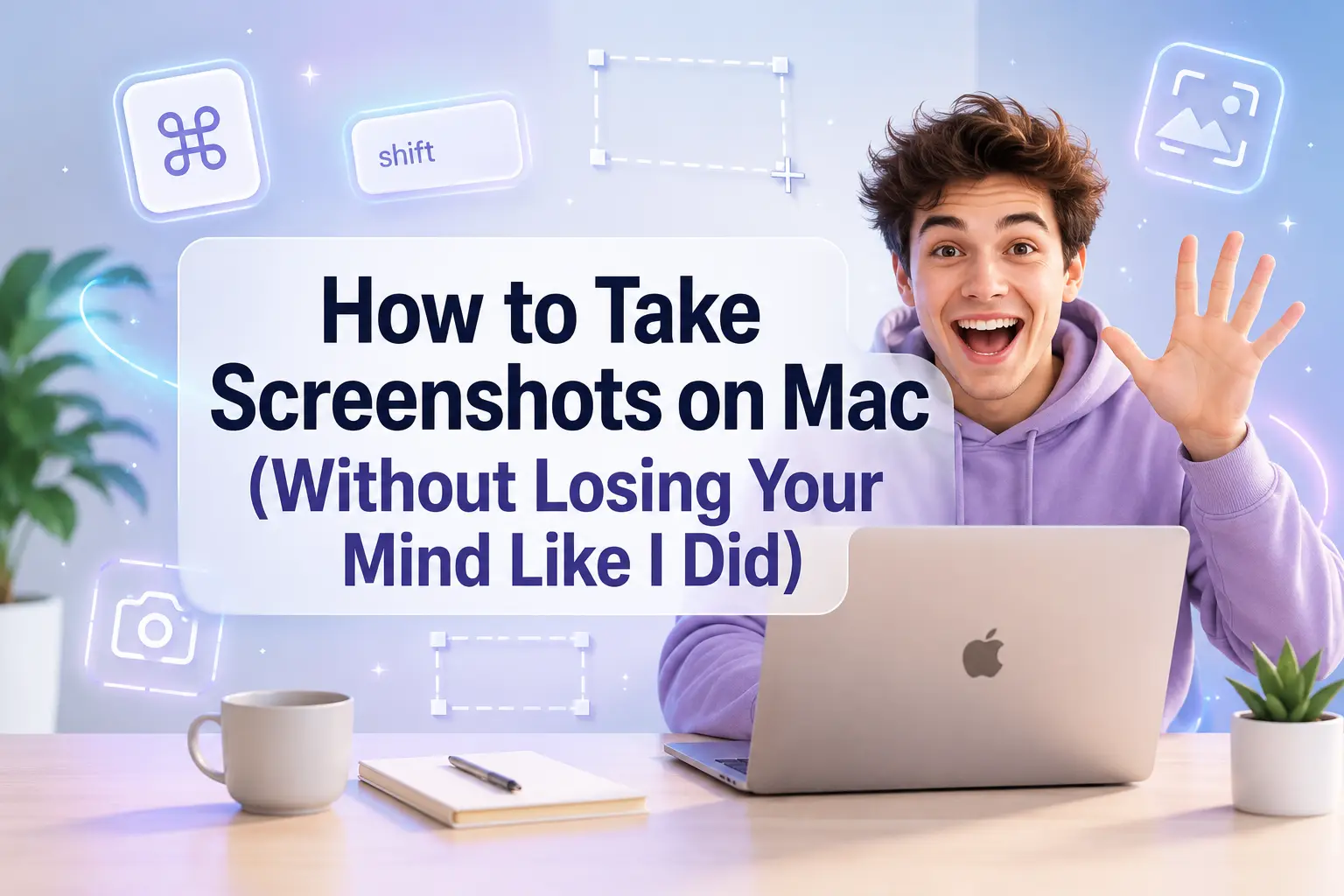Excited young man using a MacBook in a modern workspace with floating UI icons, promoting a tutorial about how to take screenshots on Mac without confusion or stress.
