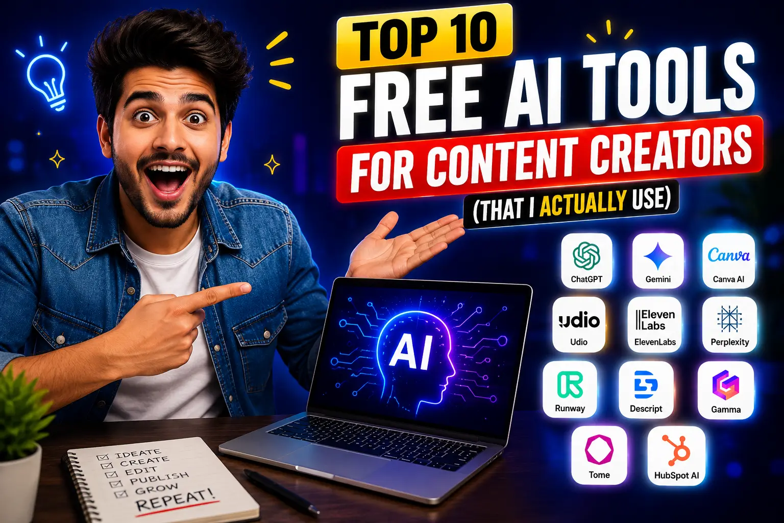 Excited content creator showing top 10 free AI tools with laptop and AI technology icons