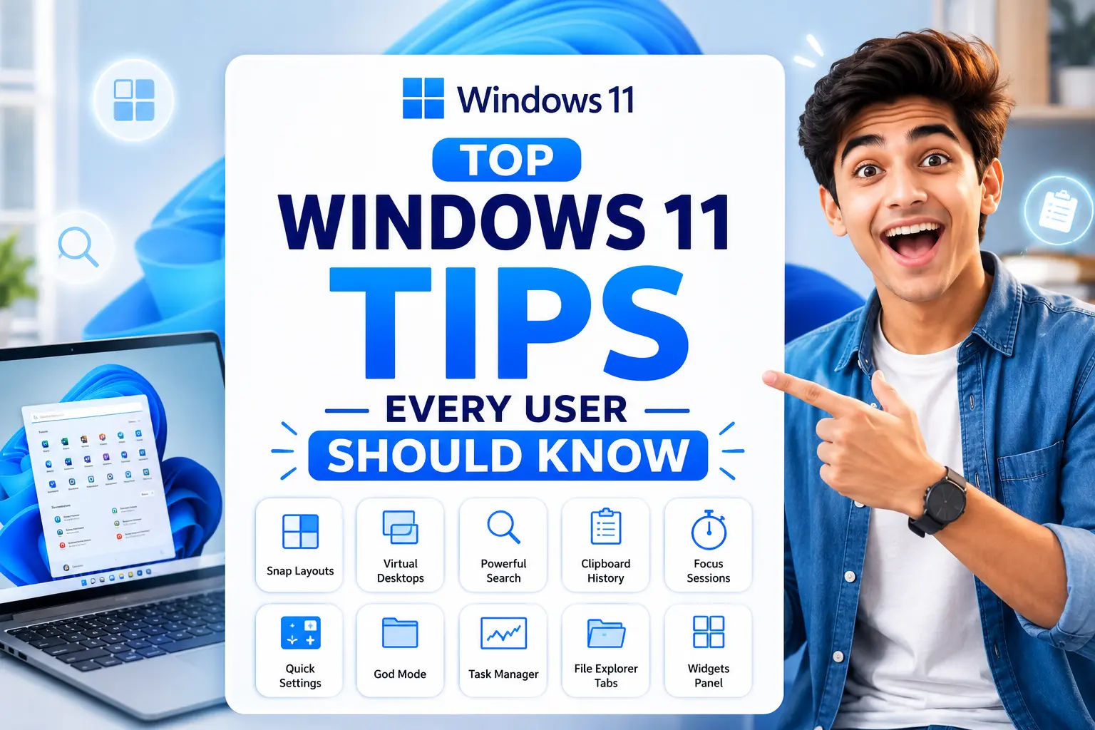 Windows 11 tips feature image showing a happy user explaining useful Windows 11 features with laptop, Snap Layouts, Virtual Desktops, Clipboard History, and productivity tools